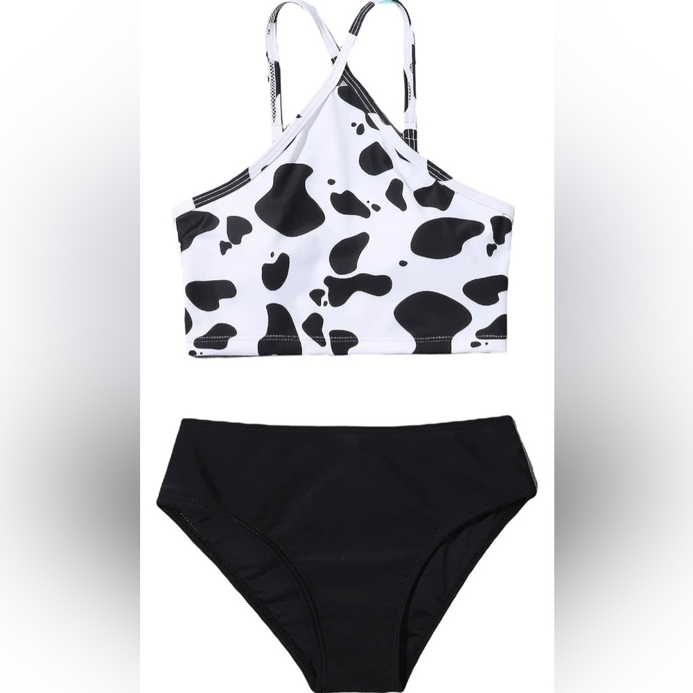 WDIRARA Girl's Cow Print Criss Cross Cut Out Bikini Swimsuit Bathing Suits